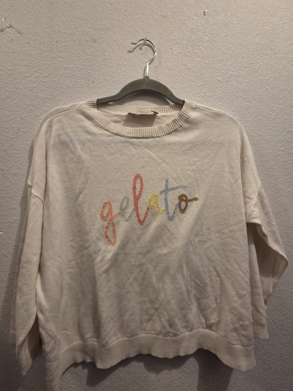 LOFT Cream Crewneck Sweater with Multicolor "gelato" Script